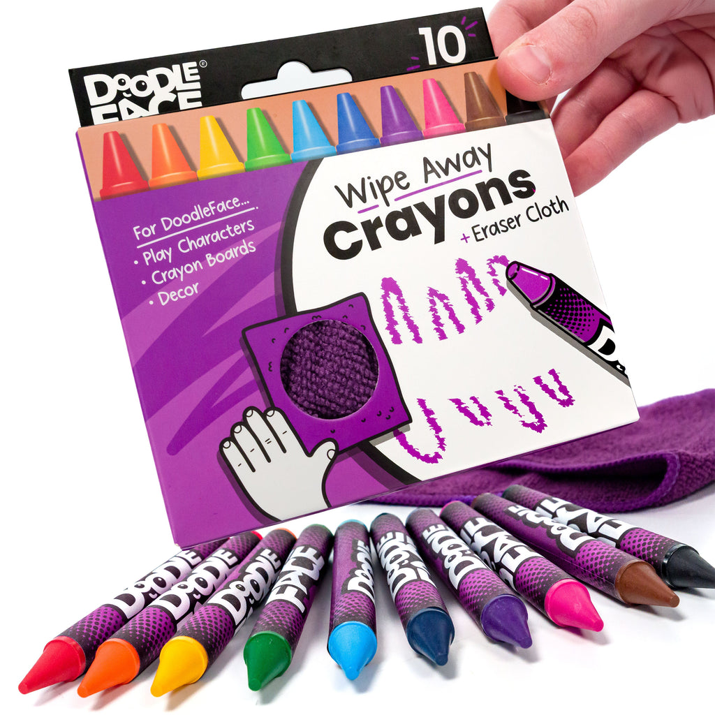 Jumbo Wipe-Away Crayons 10 Pack + Eraser Cloth - Carton of 12-DoodleFace B2B